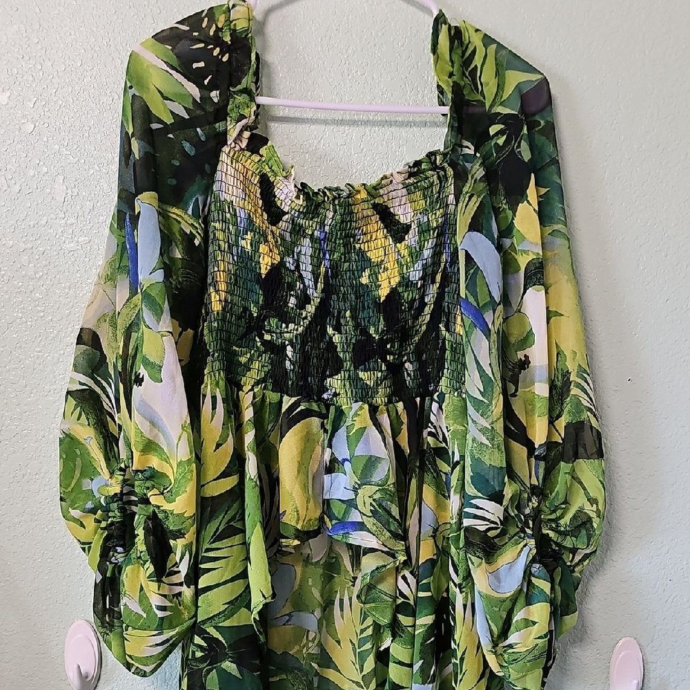 Green Leaf Print Women's Flowy Top